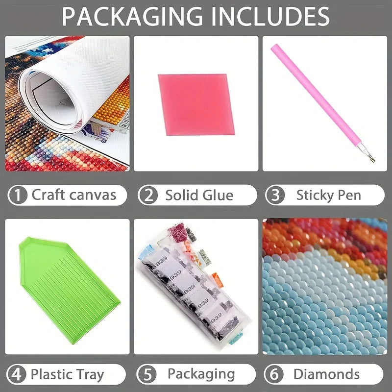 Packaging includes craft canvas, solid glue, sticky pen, plastic tray, packaging, and diamonds for a painting kit.