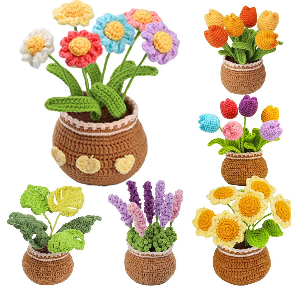 A collection of crocheted potted plants in various colors and textures, including flowers and leaves.