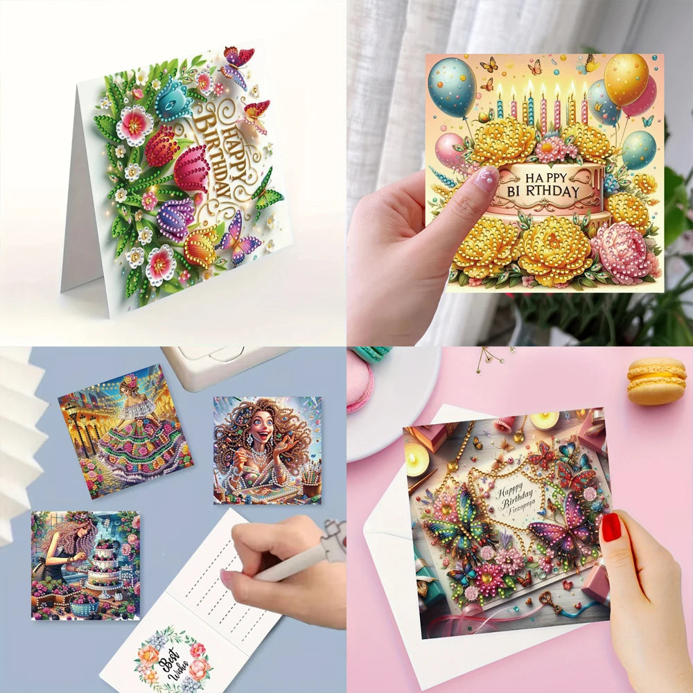 A set of DIY diamond painting birthday cards featuring flower and bird designs on colorful paper.