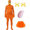 Orange full body spandex morph suit with mustache and eyebrows displayed on a mannequin.