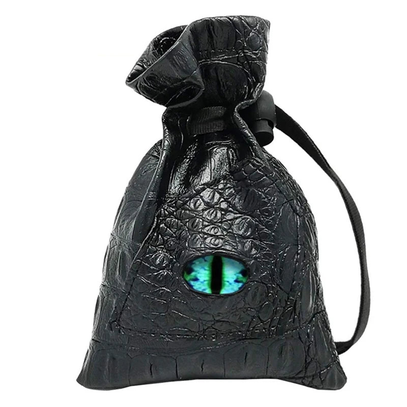 Black PU leather drawstring dice bag with organizer compartments