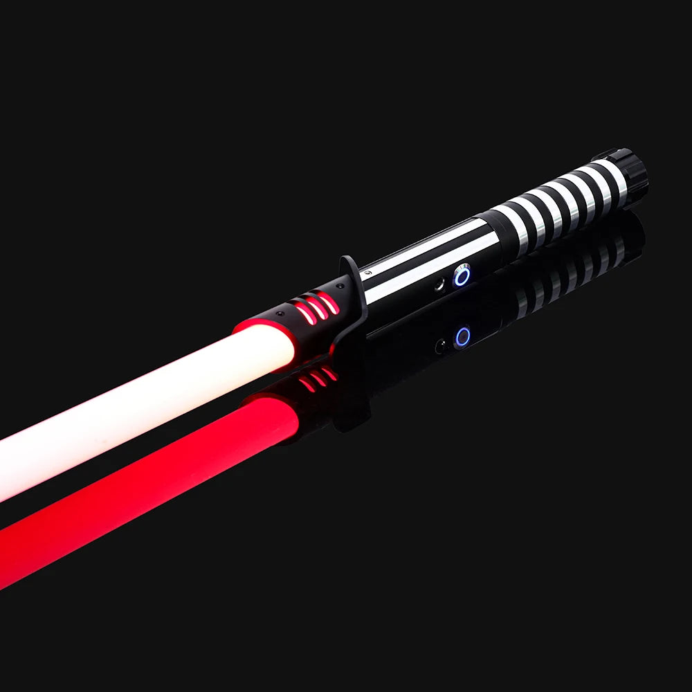 An RGB metal lightsaber with a red blade and black hilt is shown against a dark background.