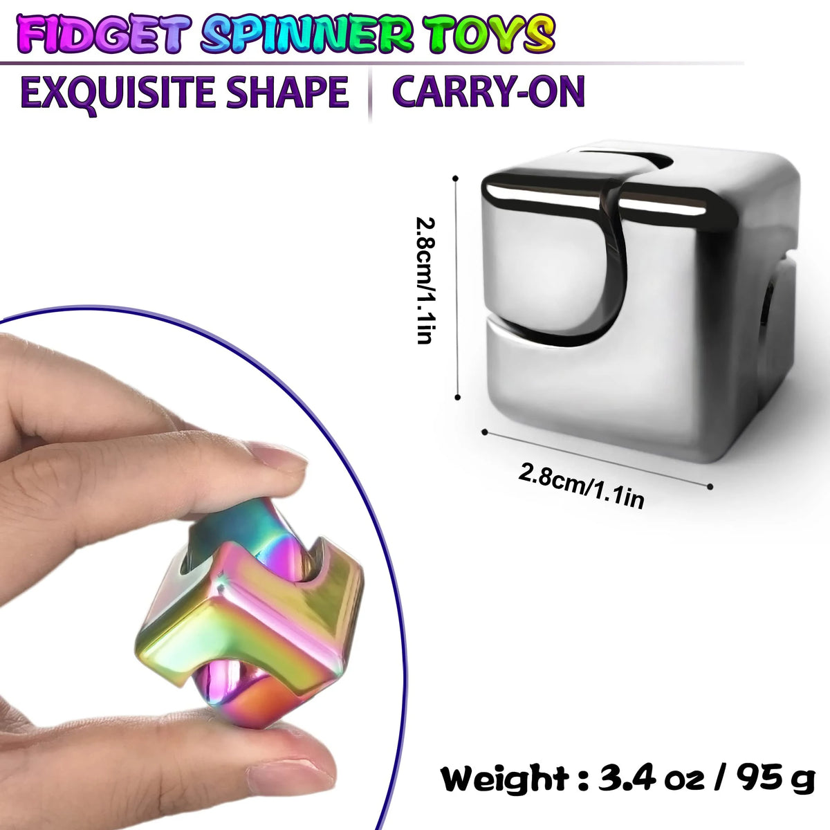 Une main tient un jouet de spinner métallique et iridescent en forme de cube.