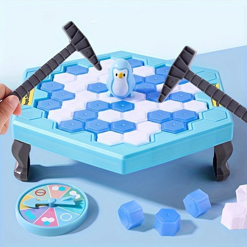 A hand is playing a hexagonal ice tapping game with a penguin piece on a blue board, surrounded by small blue plastic pieces.