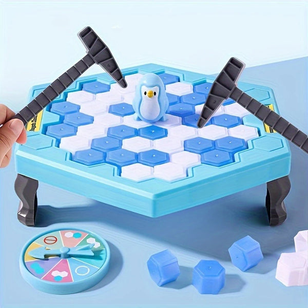 A hand is playing a hexagonal ice tapping game with a penguin piece on a blue board, surrounded by small blue plastic pieces.
