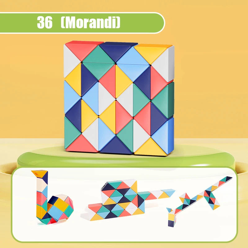 A colorful Morandi puzzle cube with geometric patterns and a snake-like shape assembled from its pieces.