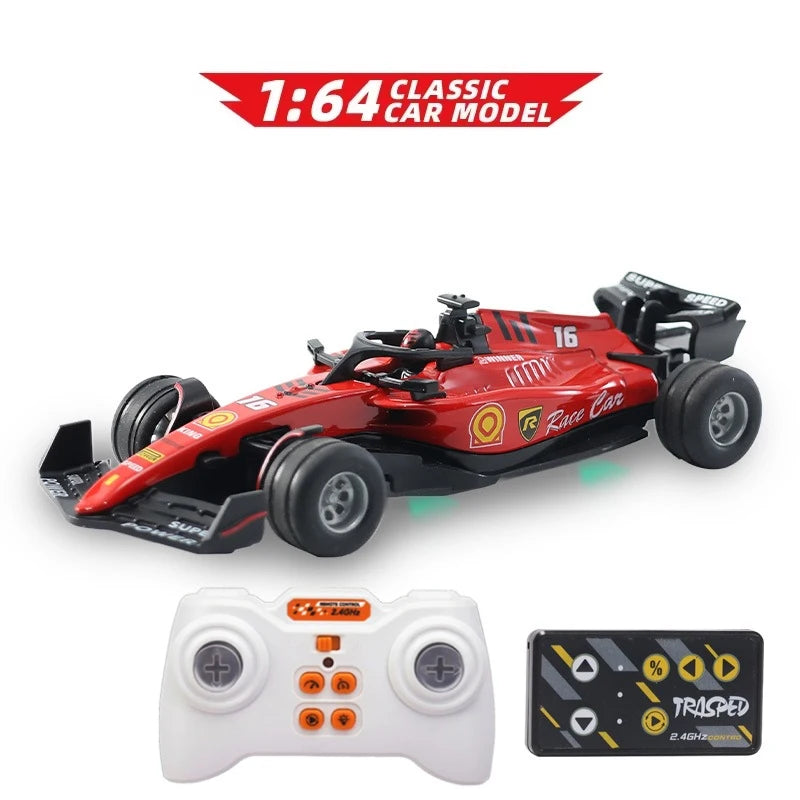A red 1:64 scale alloy RC drift car with lights and APP control, shown next to a controller.