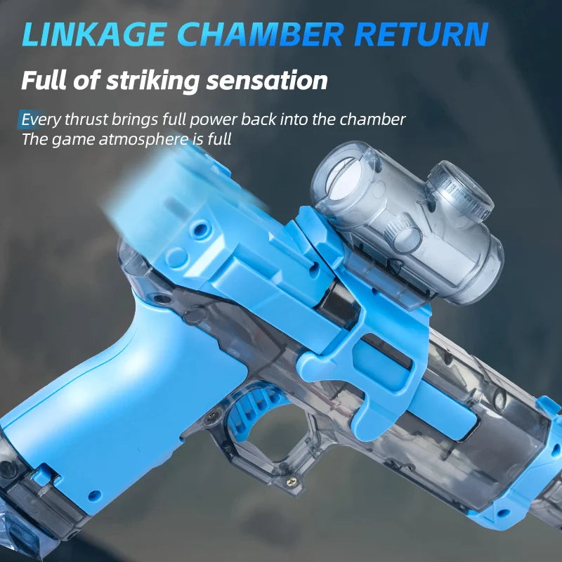Blue automatic electric water gun with a large tank and flashing lights shown in a close-up view.