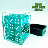 A transparent display case filled with 36 mini dice, featuring a teal color and white dots.