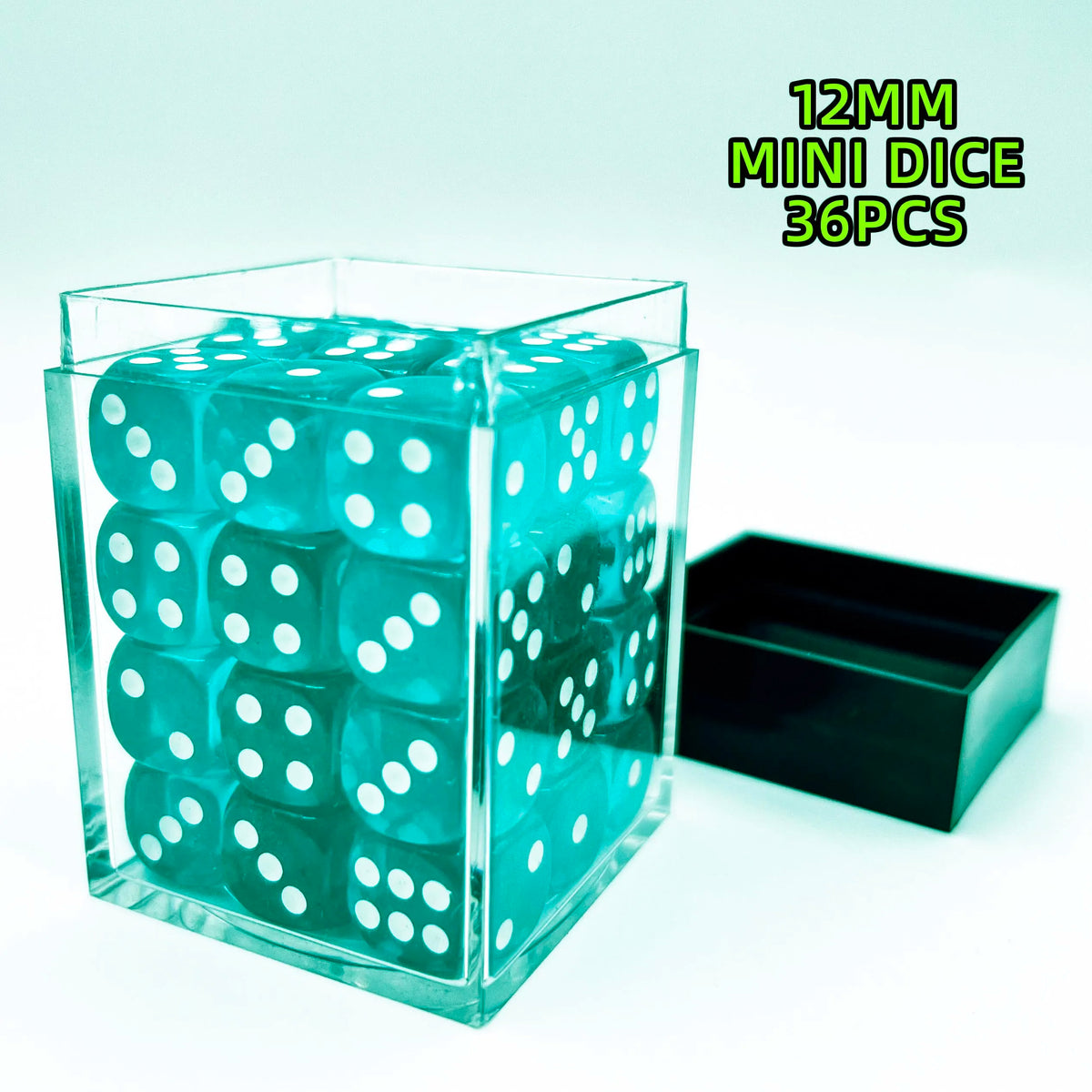 A transparent display case filled with 36 mini dice, featuring a teal color and white dots.