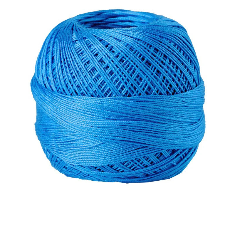 A ball of bright blue 100% cotton crochet thread for tatting and embroidery.