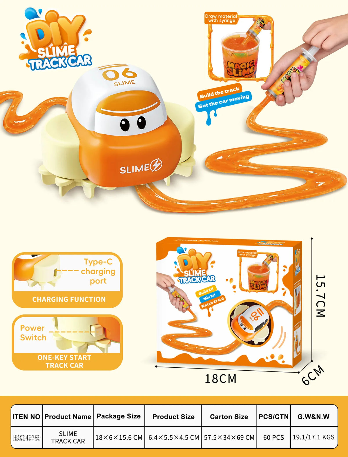 DIY Slime Track Car set showing an orange slime car and a tube of slime paste with instructions for building the track