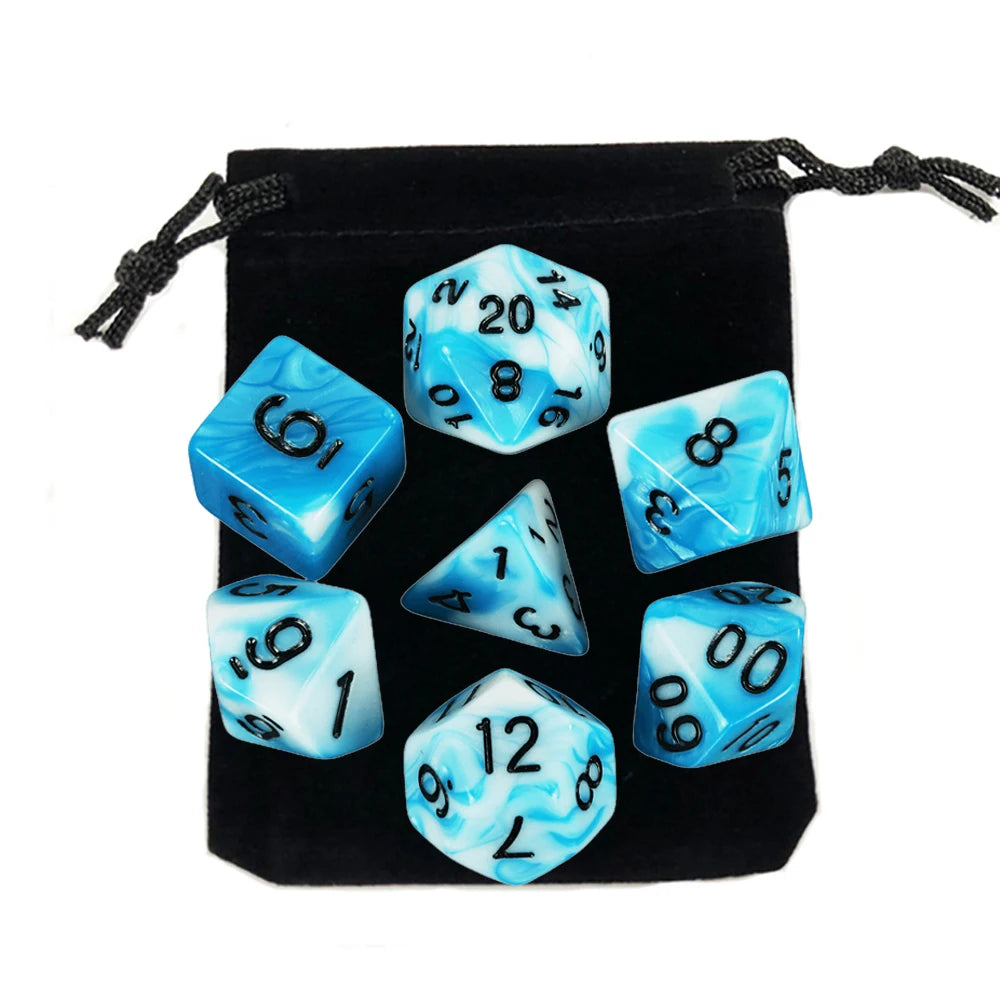 A set of polyhedral dice, including a d20 and d6s, stored in a black fabric bag.