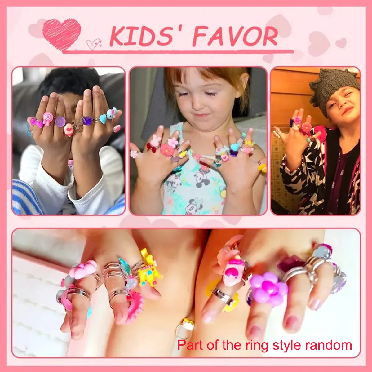 A collection of colorful gemstone rings and jewelry worn by children for dress-up play