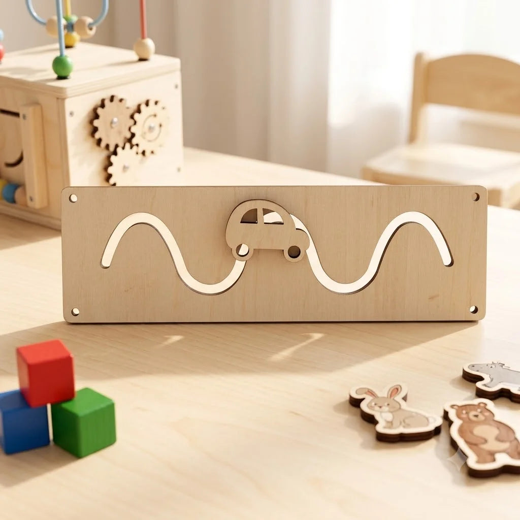 A wooden Montessori busy board for toddlers featuring gears, switches, and a wavy cutout design on a light wooden surface.