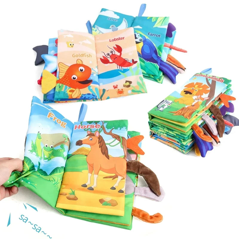 A collection of soft touch and feel baby books with crinkle sounds featuring animals like lobster, goldfish, parrot, frog, an