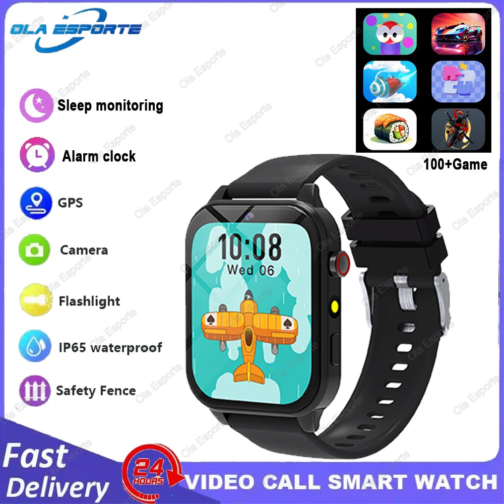 A black smartwatch with a light blue screen displaying time and various features like sleep monitoring, alarm clock, GPS, cam