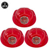 Three red firefighter helmets for kids shown in a circular arrangement.