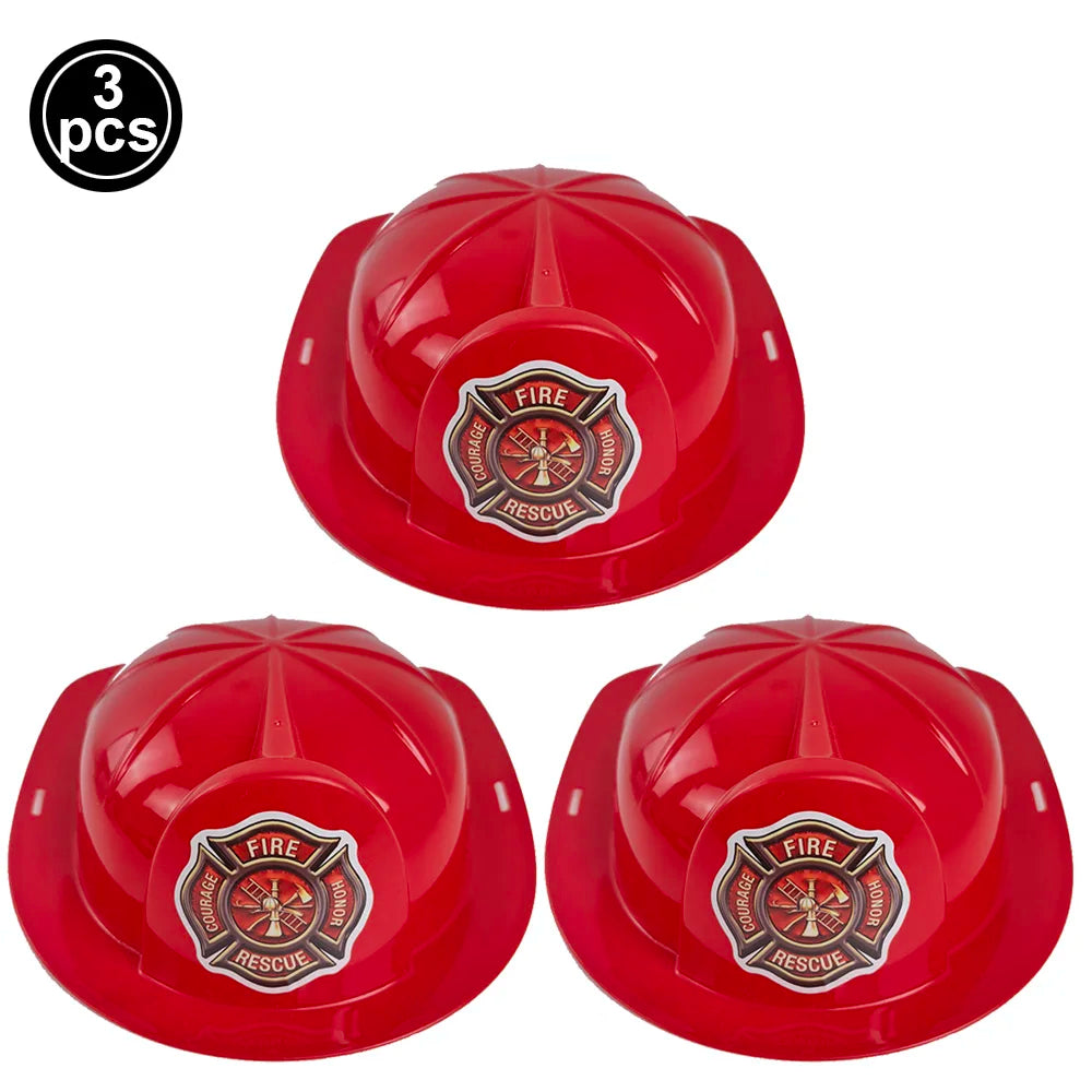 Three red firefighter helmets for kids shown in a circular arrangement.