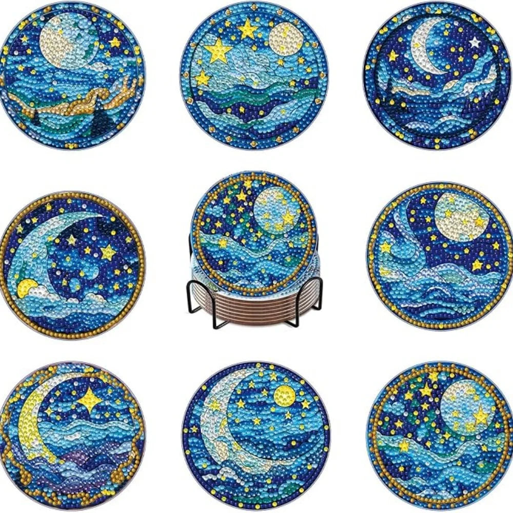 A set of eight DIY diamond art coasters featuring celestial scenes like the moon and stars.