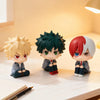 Three chibi PVC figures of My Hero Academia characters Tomura Shigaraki, Izuku Midoriya, and Katsuki Bakugo.