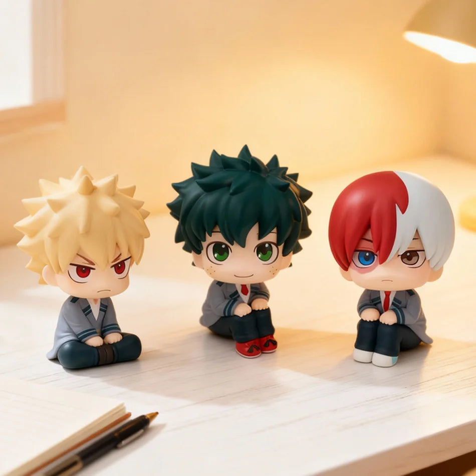 Three chibi PVC figures of My Hero Academia characters Tomura Shigaraki, Izuku Midoriya, and Katsuki Bakugo.