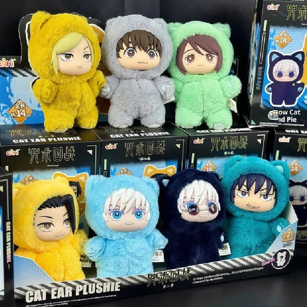 A collection of Jujutsu Kaisen Cat Ear Plushies in various colors including yellow, gray, green, blue, and purple.