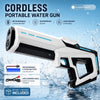 An elegant white cordless portable water gun is shown spraying water, with accessories and a charging cable displayed below.