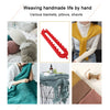 Various handmade textiles including blankets, pillows, and shawls knitted by hand.