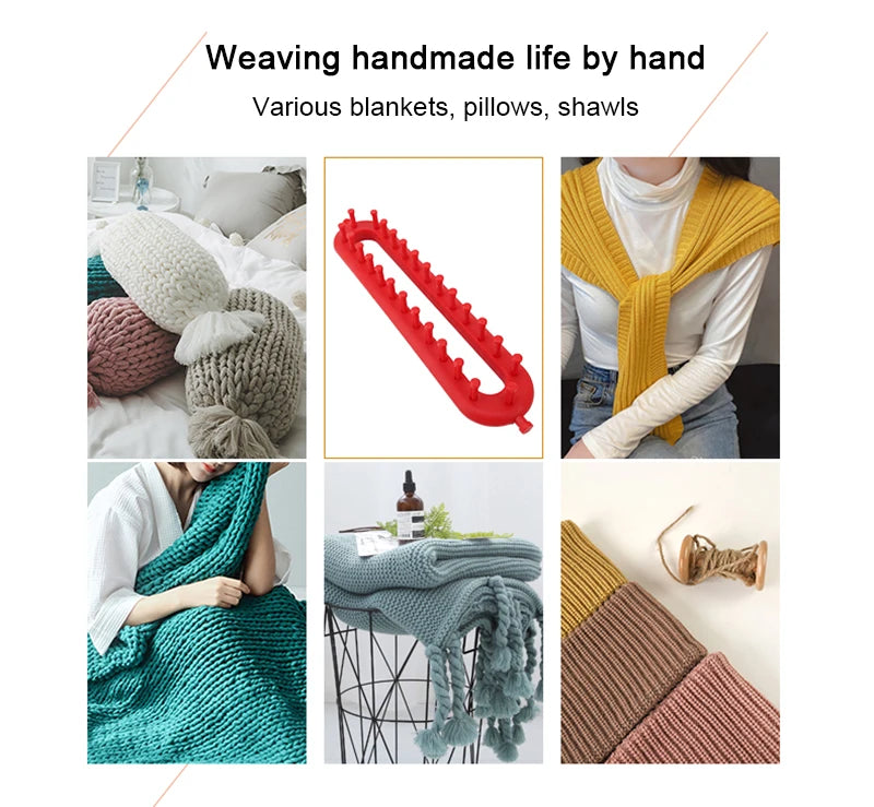 Various handmade textiles including blankets, pillows, and shawls knitted by hand.