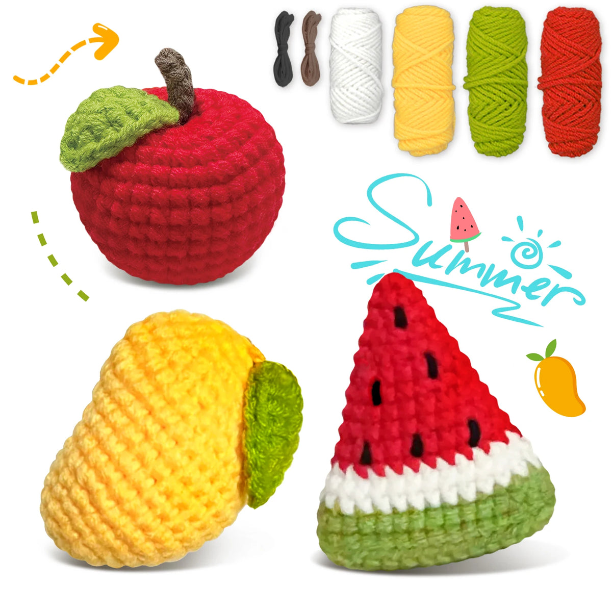 Crocheted fruit items including a red apple, yellow lemon, and watermelon slices.