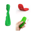 A green silicone fidget strip is shown in various forms, including a vertical strip and a red oval shape, with a hand holding