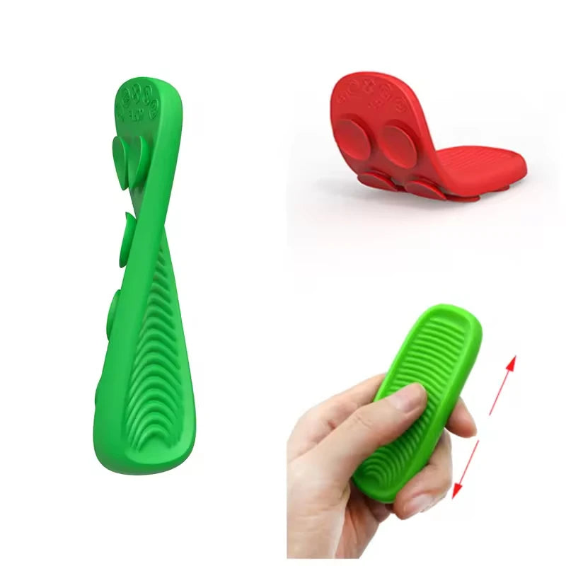 A green silicone fidget strip is shown in various forms, including a vertical strip and a red oval shape, with a hand holding