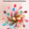 A collection of acrylic gel pens with colored markings on the body and tail, showing various shades of pink, green, and blue.