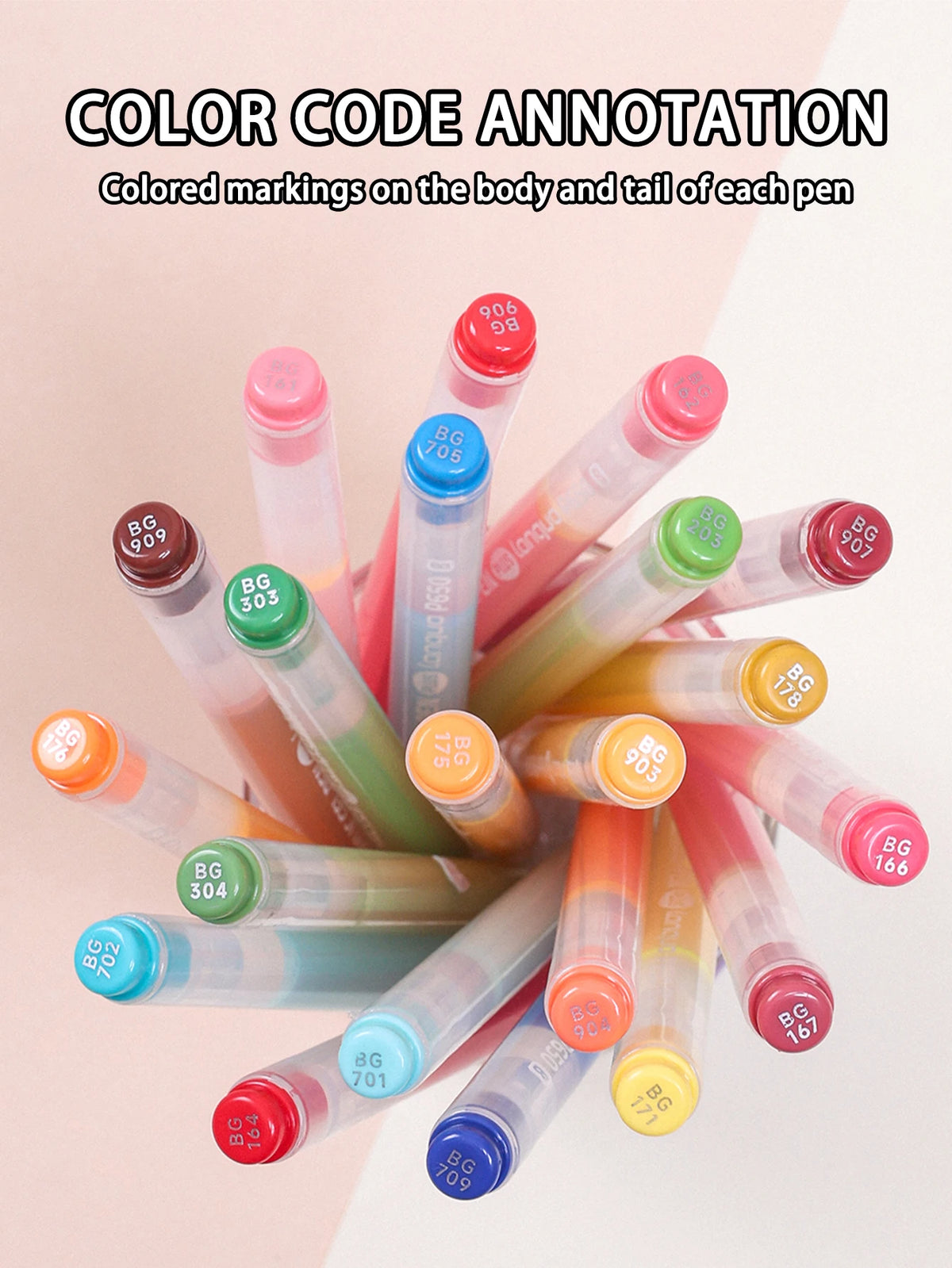 A collection of acrylic gel pens with colored markings on the body and tail, showing various shades of pink, green, and blue.