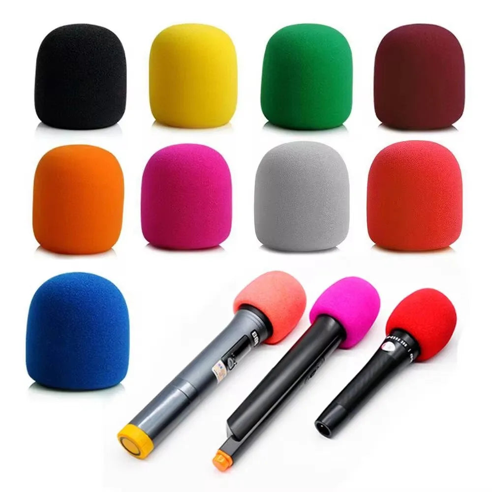 A collection of colorful foam windscreen pop filters and microphone covers in various colors like black, yellow, green, pink,