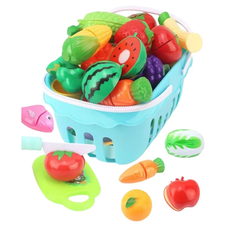 A plastic basket filled with various colorful pretend fruits like apples, watermelon slices, and oranges for a DIY cutting mu