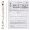 A white 8-hole soprano recorder is shown next to a fingering chart for the Baroque system.