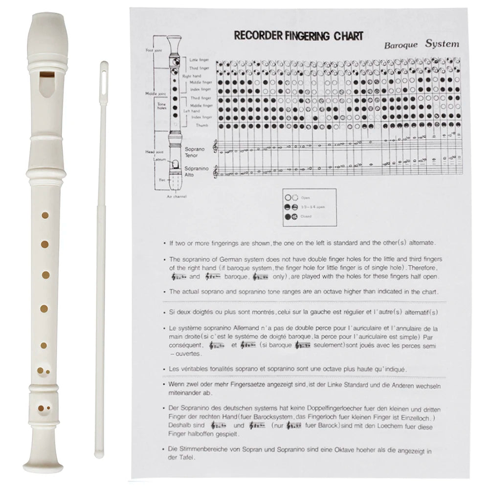 A white 8-hole soprano recorder is shown next to a fingering chart for the Baroque system.