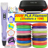 A purple 3D printing pen with an LCD display and various colored PLA filament spools and a carrying case