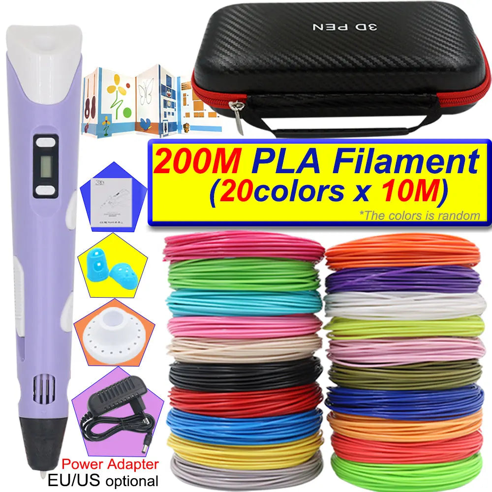 A purple 3D printing pen with an LCD display and various colored PLA filament spools and a carrying case