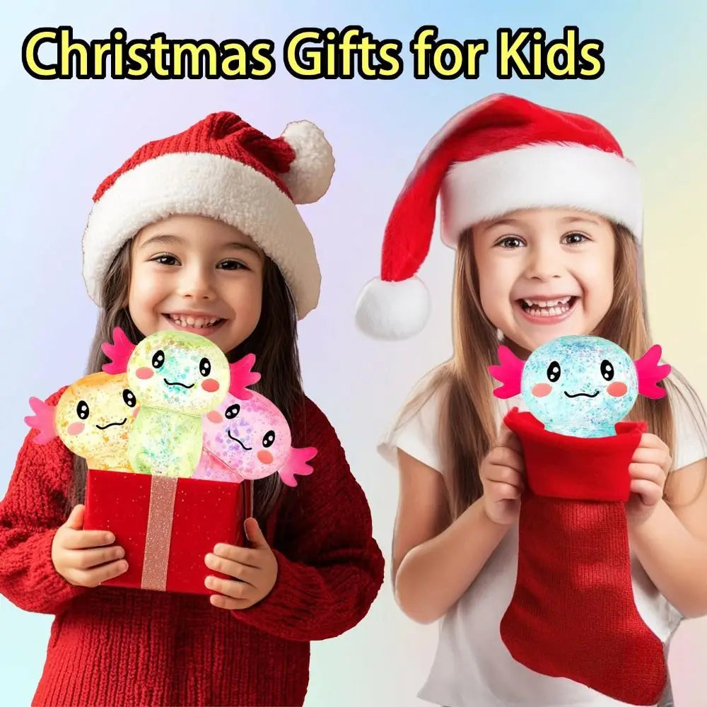 Two smiling girls holding red gift boxes and an axolotl stress relief fidget toy