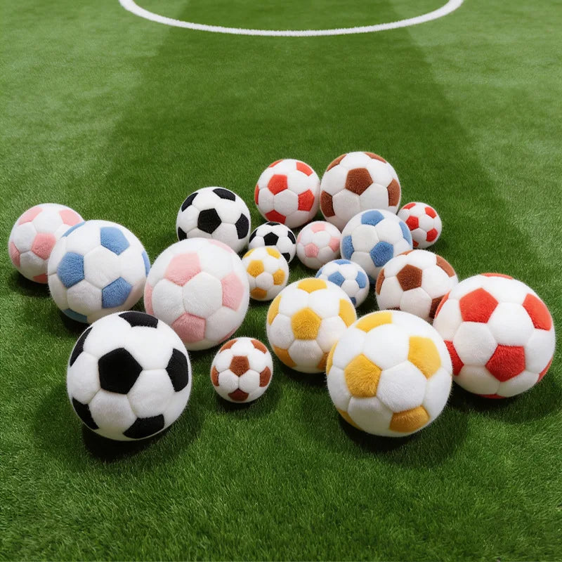A collection of colorful, soft plush soccer balls scattered on a green artificial turf field.
