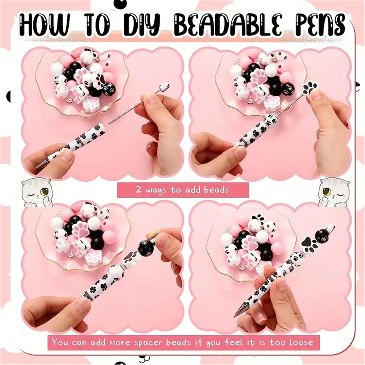 Cat Paw DIY Beaded Pen Set - 6 Pastel & Black Ballpoint Pens