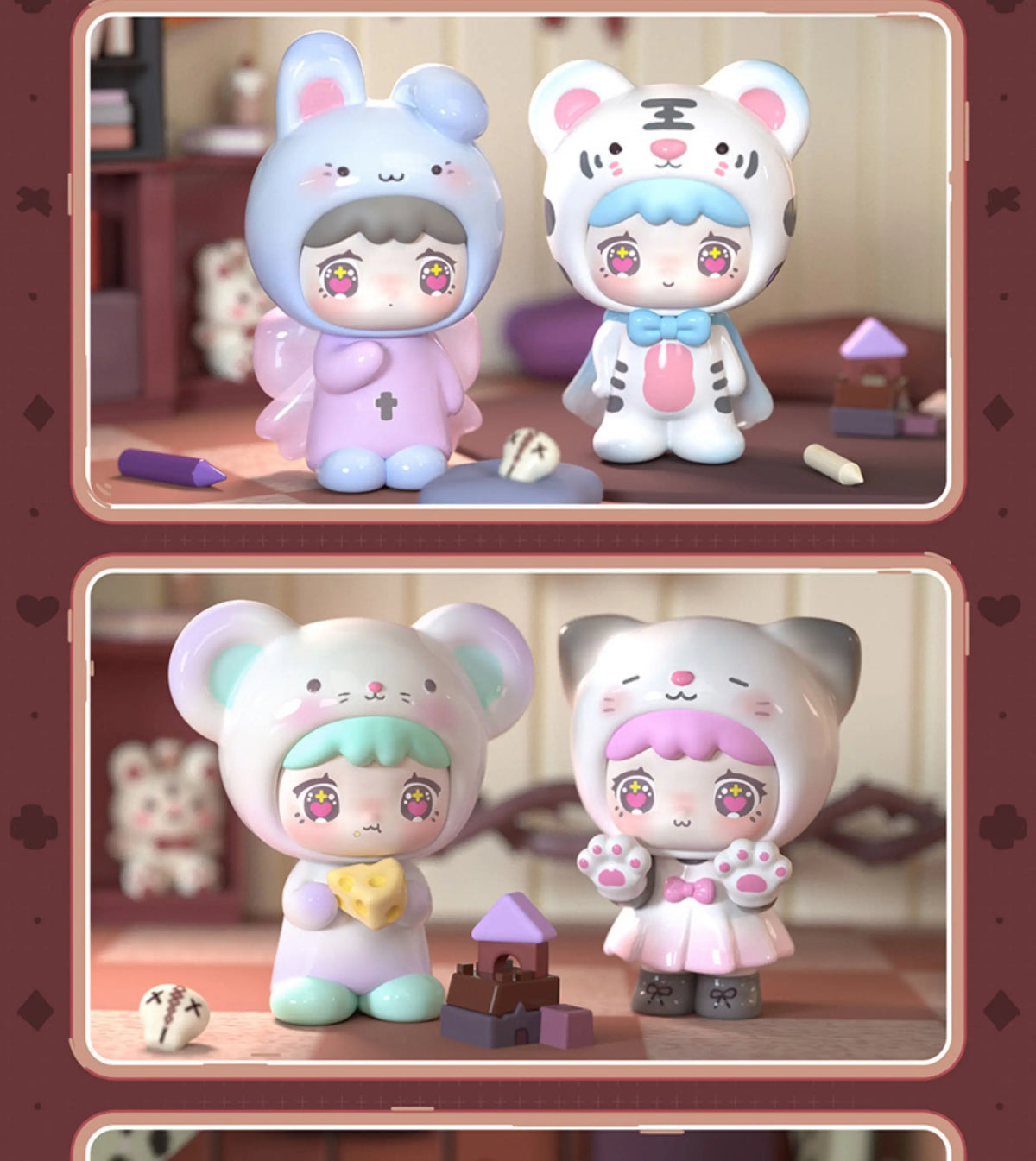 A blind box collectible figure set featuring two cute animal characters, a light blue bunny and a white tiger, in a castle-li