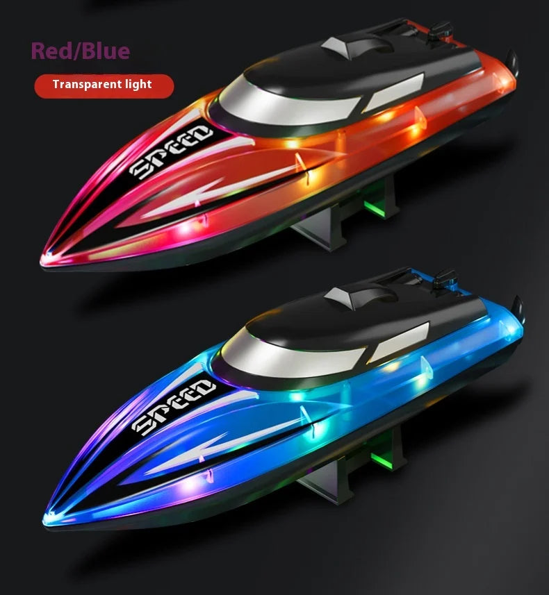 A red and blue transparent light RC speedboat toy viewed from the side.