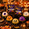 A collection of Halloween mystery blind box toys featuring pumpkin and spooky themed squishy stress balls.