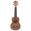 A wooden ukulele with a light brown body, a fretboard, and tuning pegs, shown vertically.
