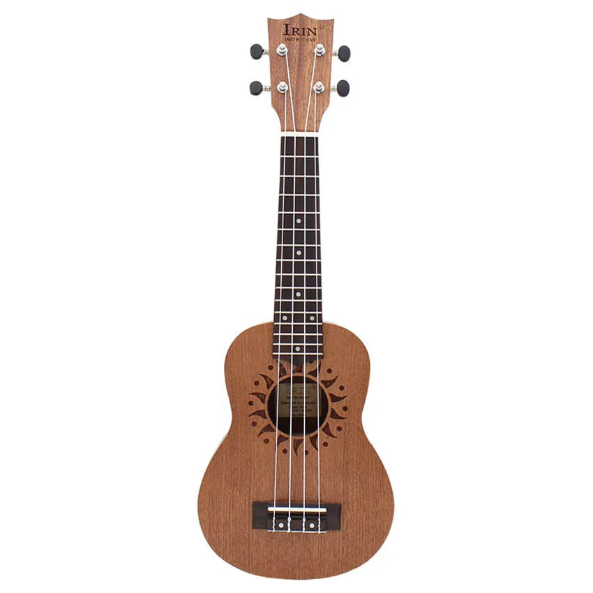 A wooden ukulele with a light brown body, a fretboard, and tuning pegs, shown vertically.