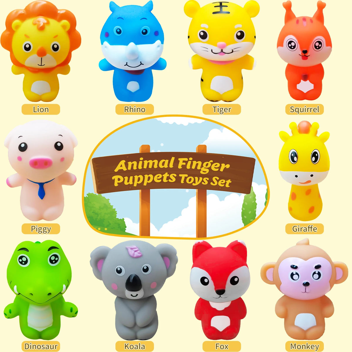 A set of ten soft rubber animal finger puppets including a lion, rhino, tiger, squirrel, giraffe, piggy, dinosaur, koala, fox